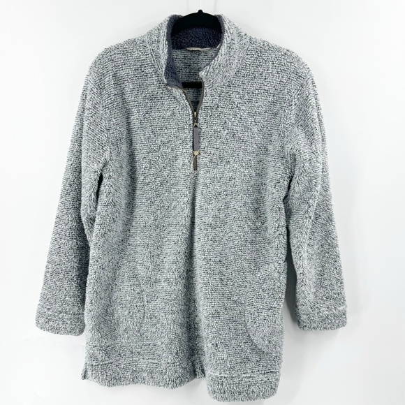 ✅ Soft Surroundings Luxe Sherpa Pullover Sweater Medium Gray 1/4 Zip Sweatshirt - Picture 1 of 8